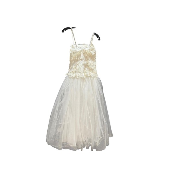 Junior Bride Flower Girl Dress Lace Tulle Rhinestone Straps Ivory Vintage Y2K - Picture 4 of 5